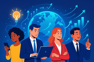Ilustração de profissionais conectados ao universo digital, representando inovação e crescimento empresarial.